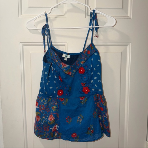 Anthropologie Nikasha Blue Red Floral Crochet Babydoll Tank Top Size Medium - Picture 3 of 5
